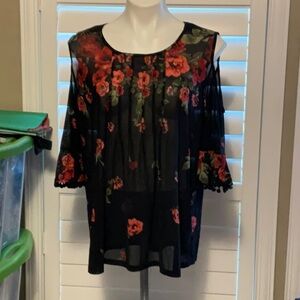 Siren Lily Black Blouse with Red Floral Design